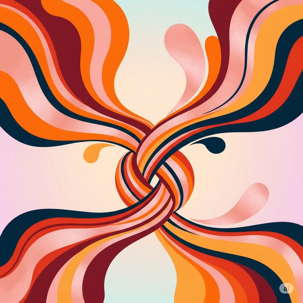 Two streams of various colors running from corner to opposing corner forming a knot in the center. (Generated by AI)